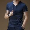 New Mens Summer Pure Color V Collar Tights Slim Fit Short Sleeved T Shirt Tops Tees Fitness Clothes Basic Casual Male T-shirt - Image 4