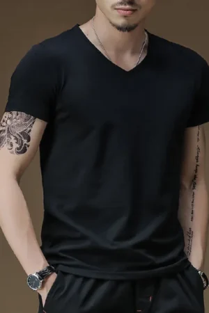 New Mens Summer Pure Color V Collar Tights Slim Fit Short Sleeved T Shirt Tops Tees Fitness Clothes Basic Casual Male T-shirt