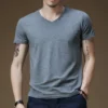 New Mens Summer Pure Color V Collar Tights Slim Fit Short Sleeved T Shirt Tops Tees Fitness Clothes Basic Casual Male T-shirt - Image 3