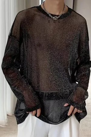 Mesh Long Sleeves Dropped Shoulders Sheer T-shirt Masculine Nightwear Shiny Breathable Mesh Base Layer Shirt Men