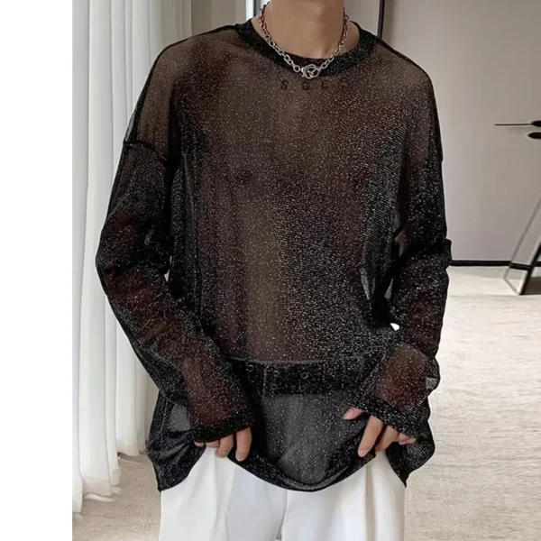 Mesh Long Sleeves Dropped Shoulders Sheer T-shirt Masculine Nightwear Shiny Breathable Mesh Base Layer Shirt Men
