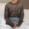 Mesh Long Sleeves Dropped Shoulders Sheer T-shirt Masculine Nightwear Shiny Breathable Mesh Base Layer Shirt Men - Image 5