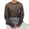 Mesh Long Sleeves Dropped Shoulders Sheer T-shirt Masculine Nightwear Shiny Breathable Mesh Base Layer Shirt Men - Image 6