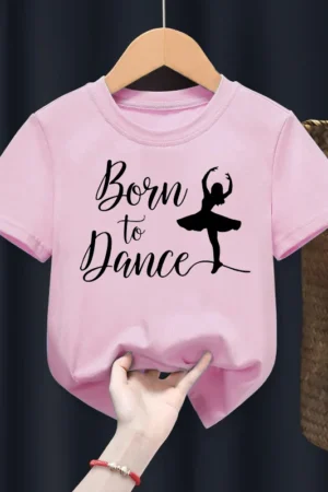 Cute Girl Ballet Dance Printed Children's Round Neck T-shirt Pink Short Sleeve with A Base Shirt Kids Clothes TOPS TEE