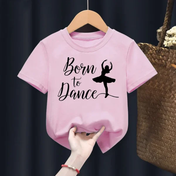 Cute Girl Ballet Dance Printed Children's Round Neck T-shirt Pink Short Sleeve with A Base Shirt Kids Clothes TOPS TEE