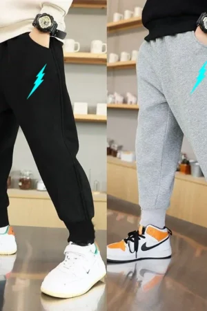 Boys Jogger Sports Pants Luminous Lightning Print Kids Cotton Long Sweatpant Cartoon Running Trousers with Pocket
