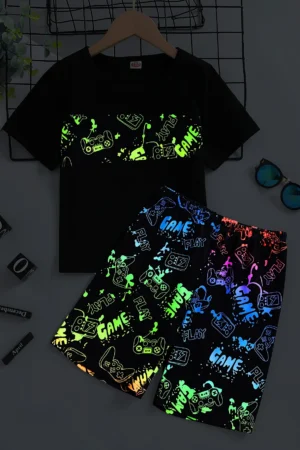 2 pieces of boys glow-in-the-dark GAME handle printing stitching short-sleeved T-shirt + glow-in-the-dark GAME handle printed sh
